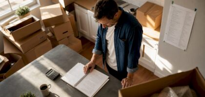 Man calculating moving costs surrounded by boxes