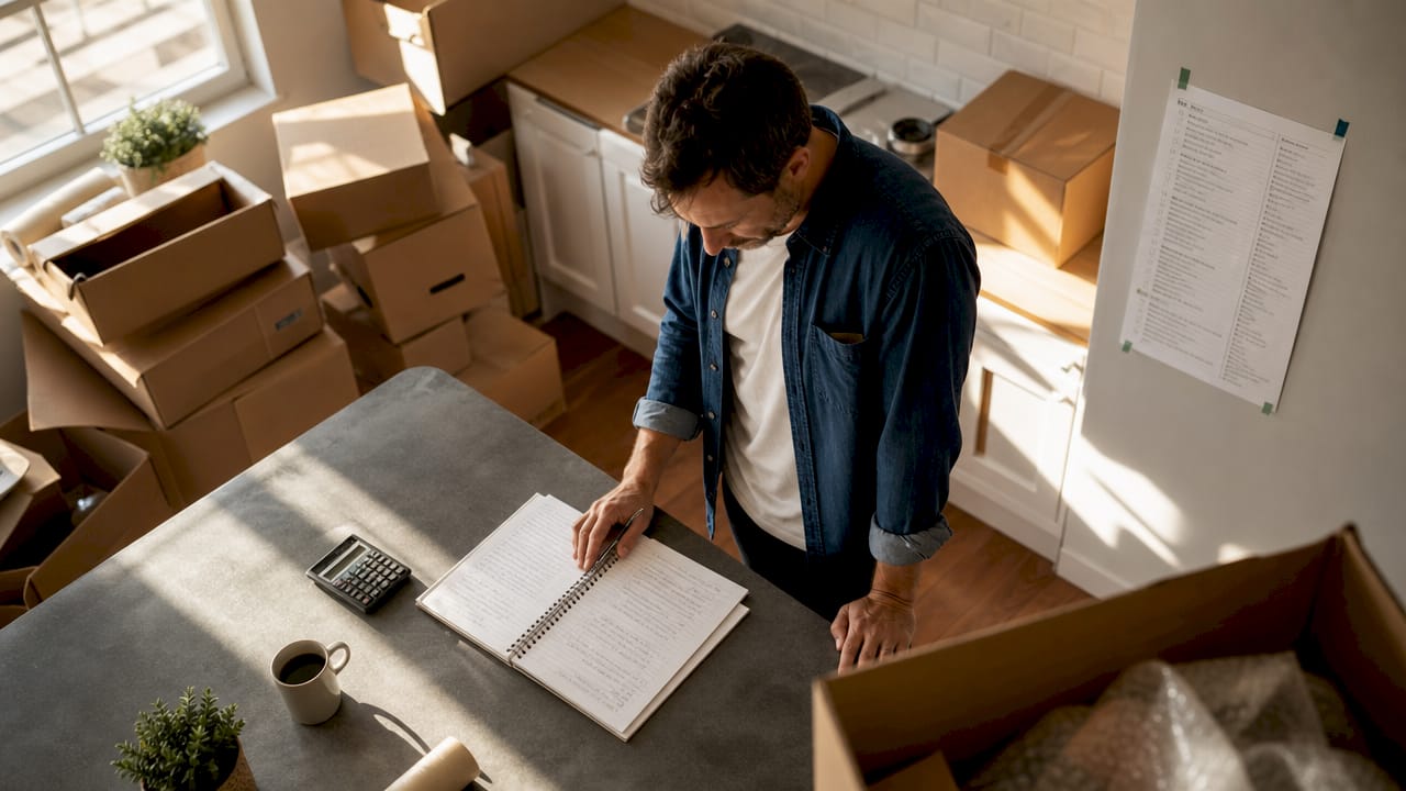 Man calculating moving costs surrounded by boxes