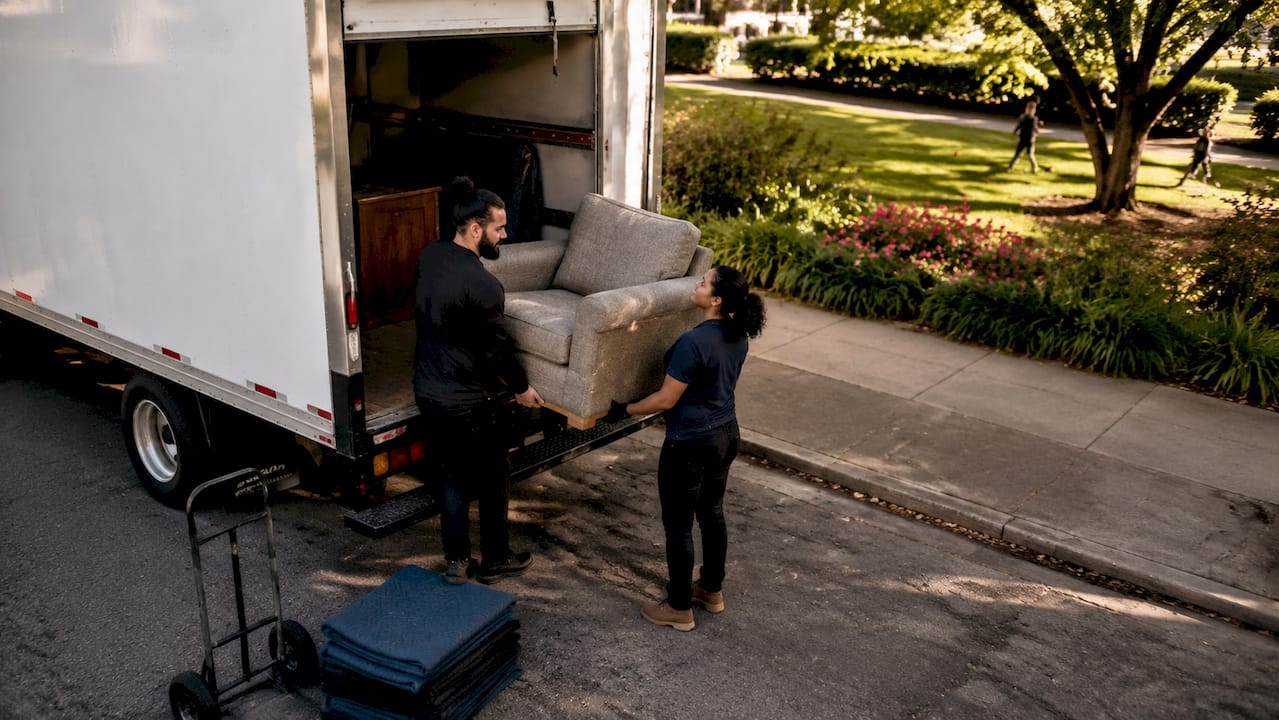 Labour-only movers loading furniture into rental truck