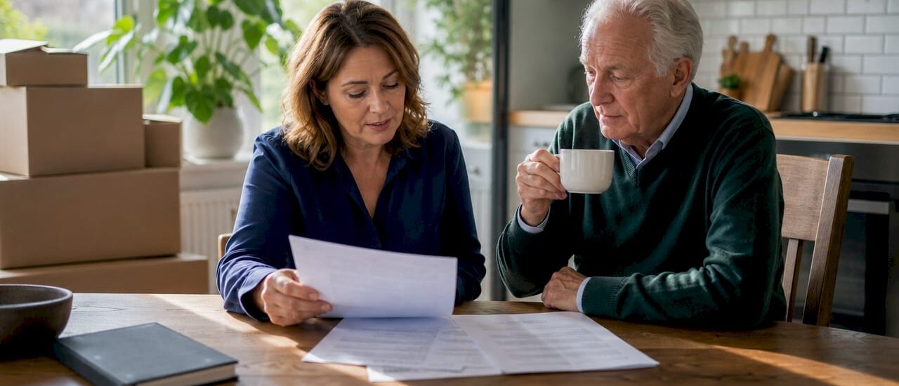 Senior move manager consulting elderly client at home