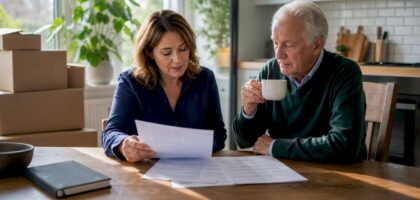 Senior move manager consulting elderly client at home