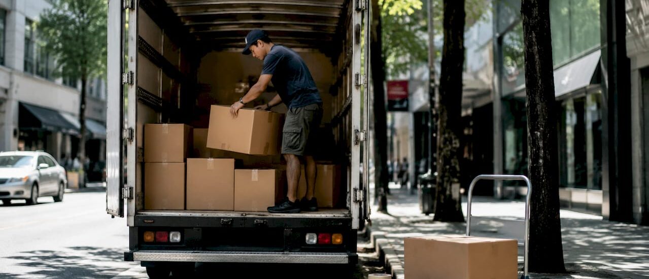 Man loading boxes into rental moving truck