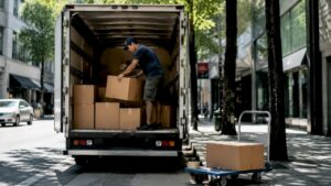 Man loading boxes into rental moving truck