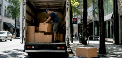 Man loading boxes into rental moving truck