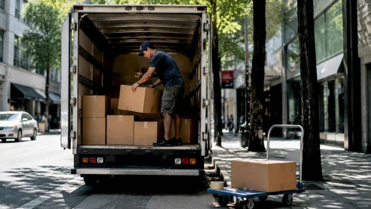 Man loading boxes into rental moving truck
