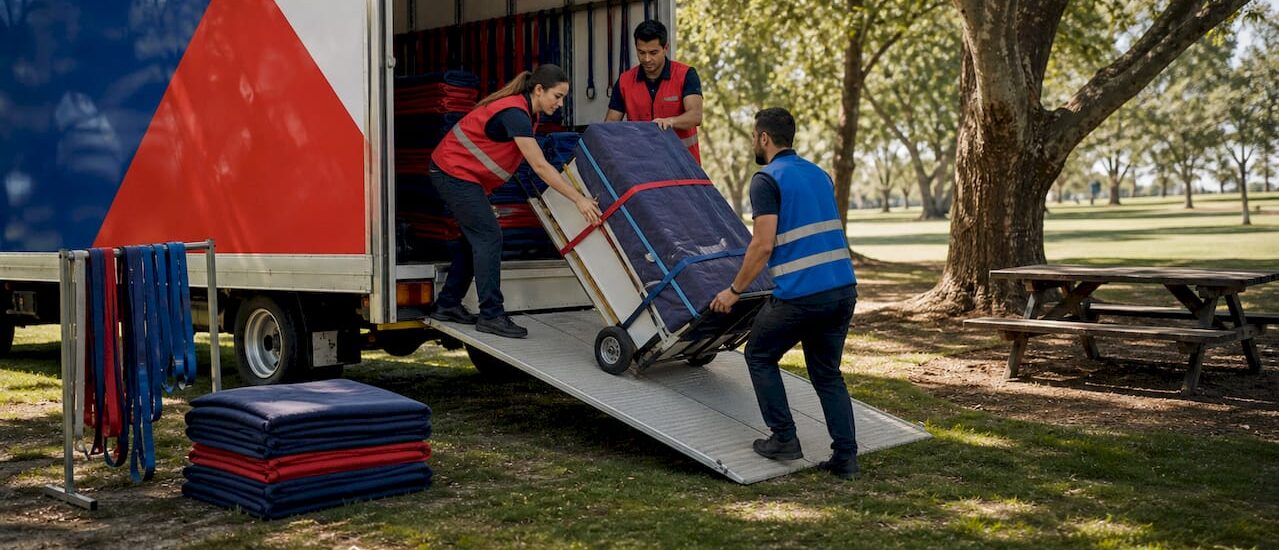 Heavy movers unloading bulky item on residential street