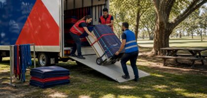 Heavy movers unloading bulky item on residential street