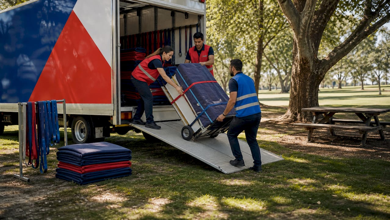Heavy movers unloading bulky item on residential street