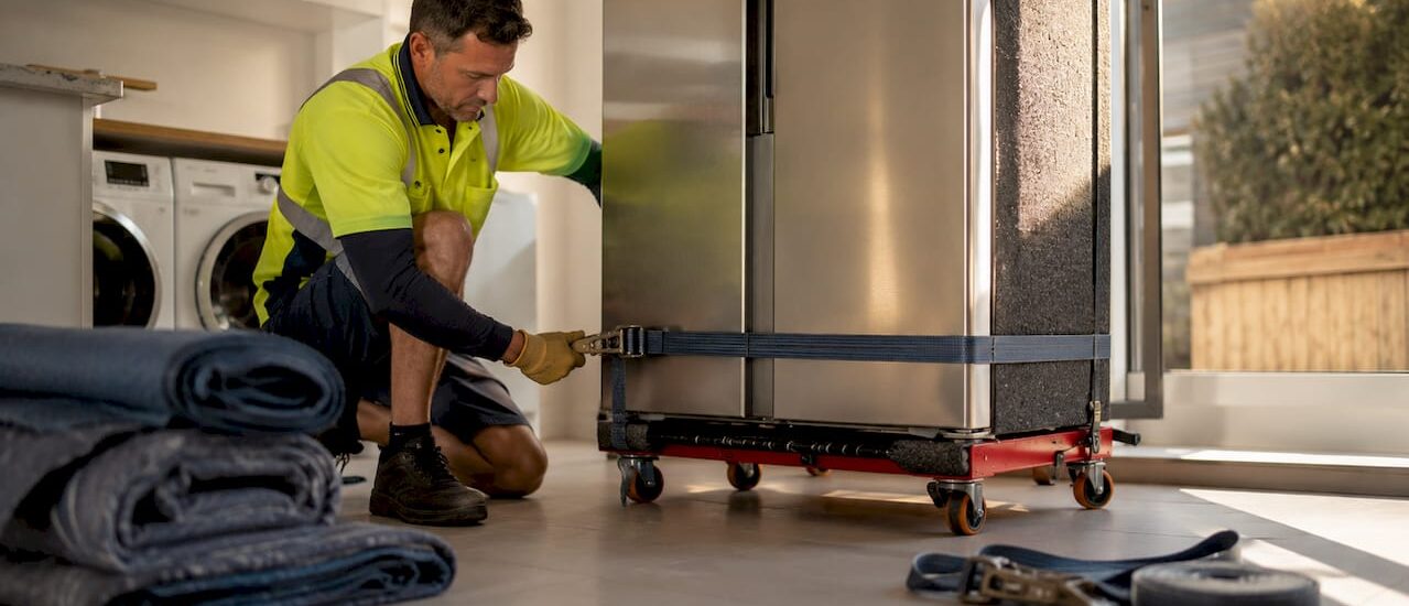 Mover securing fridge with dolly in kitchen