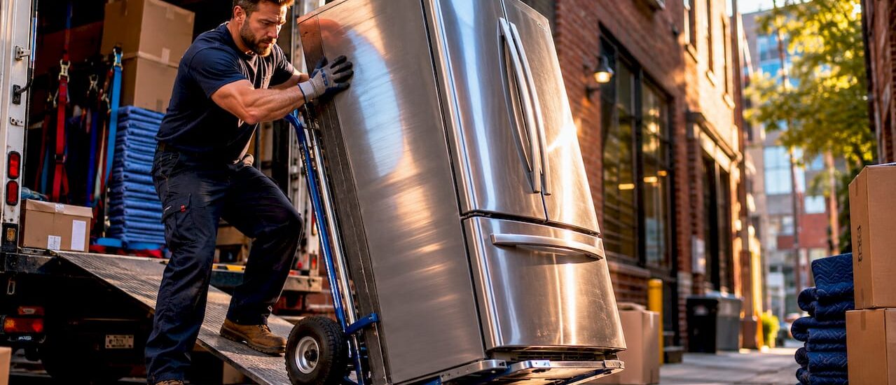 Man moving refrigerator on dolly in kitchen