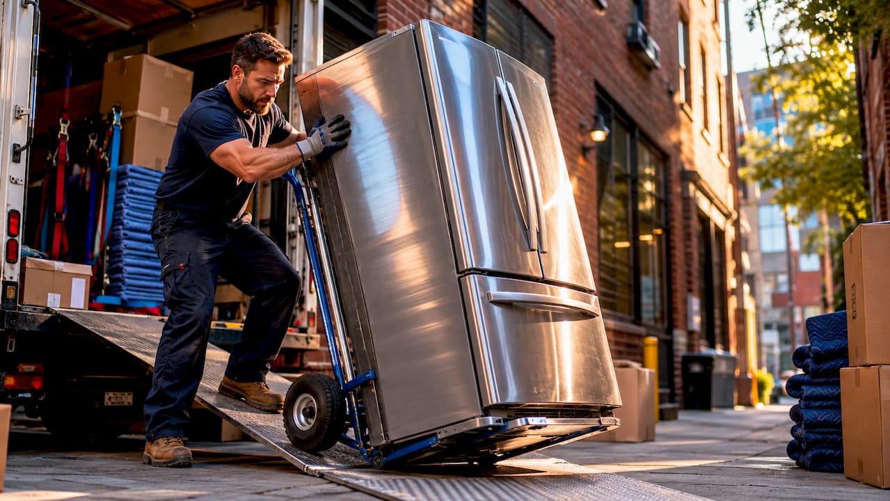 Man moving refrigerator on dolly in kitchen