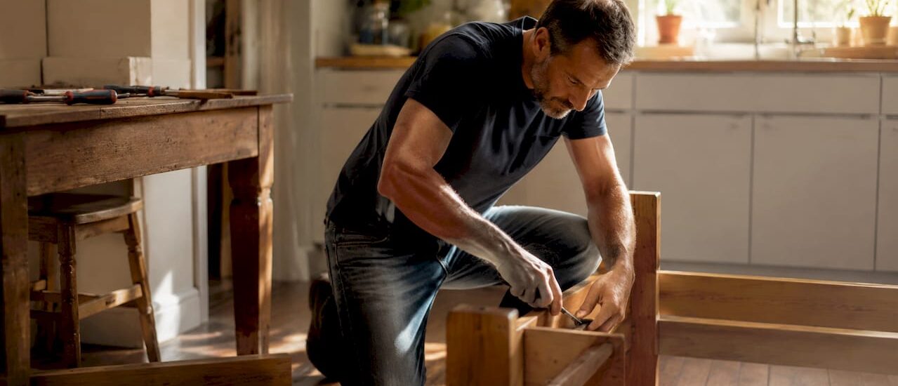 Person disassembling wooden bed frame at home