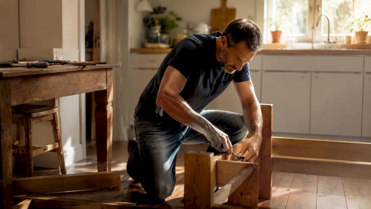 Person disassembling wooden bed frame at home