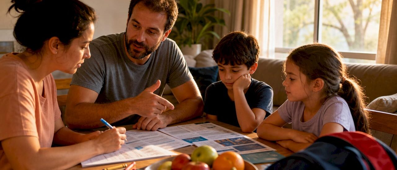 Family planning a move at kitchen table