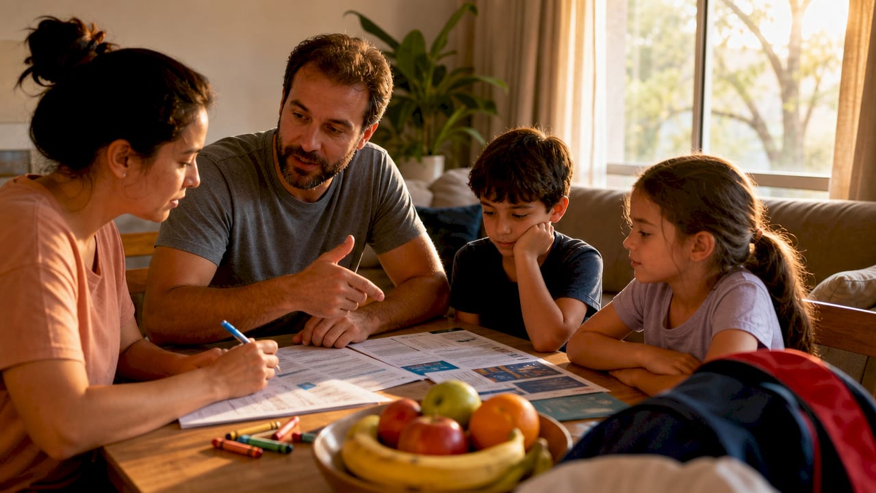 Family planning a move at kitchen table