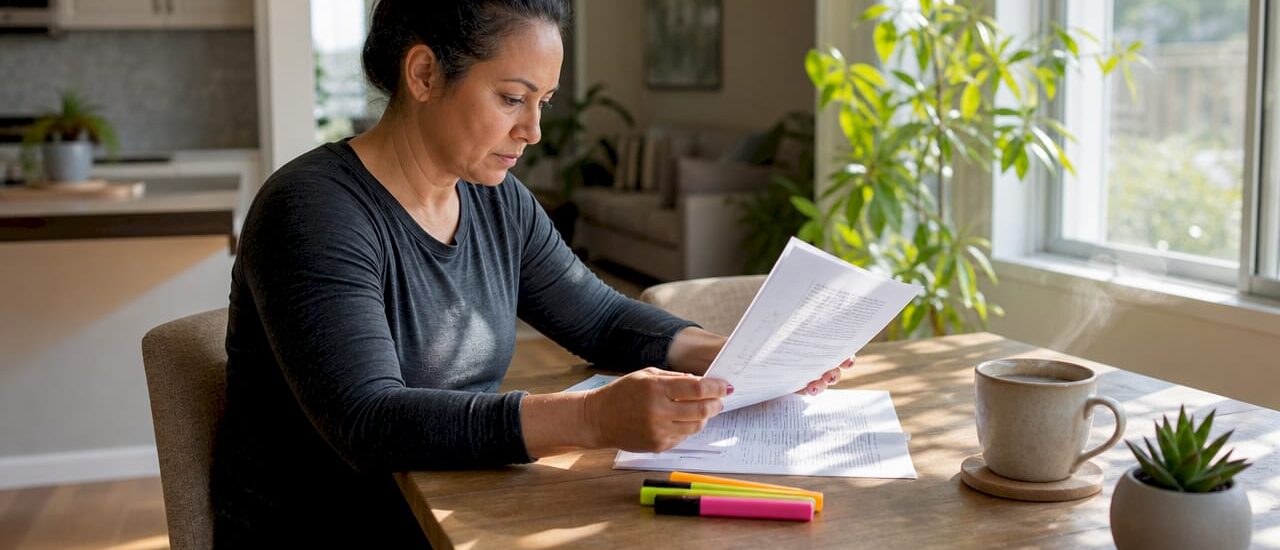 Woman reviewing printed moving company documents