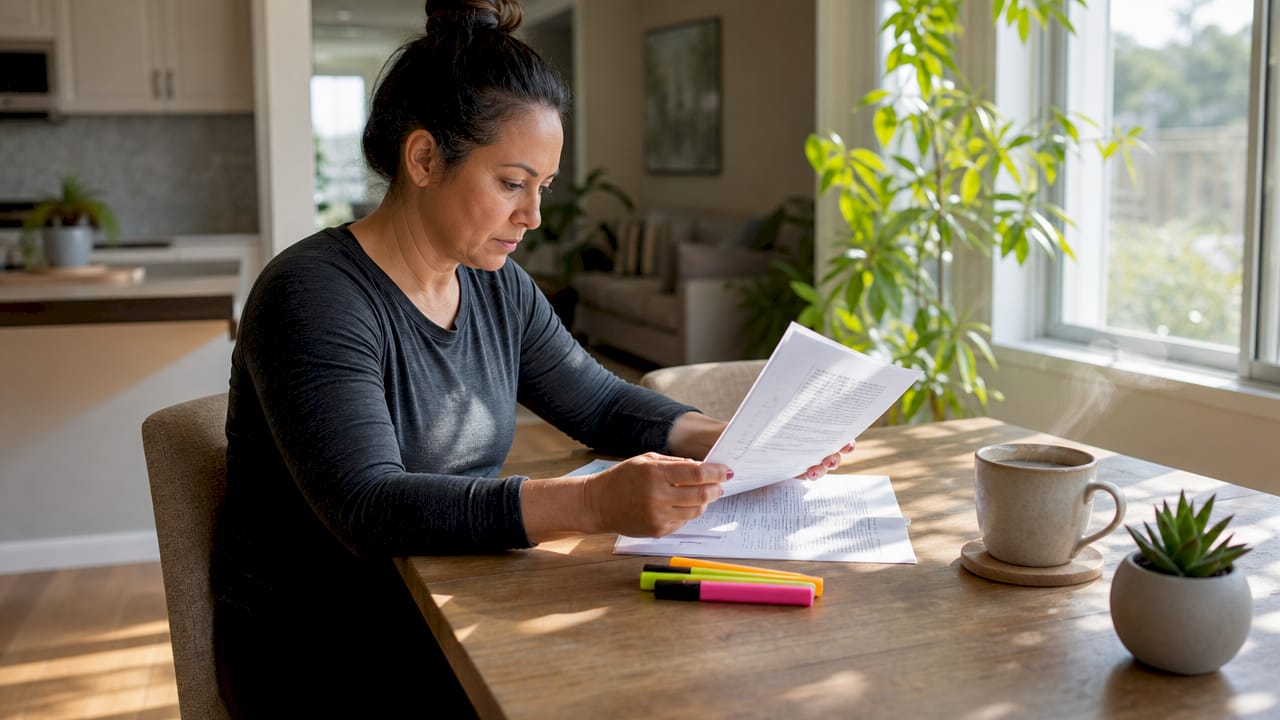 Woman reviewing printed moving company documents