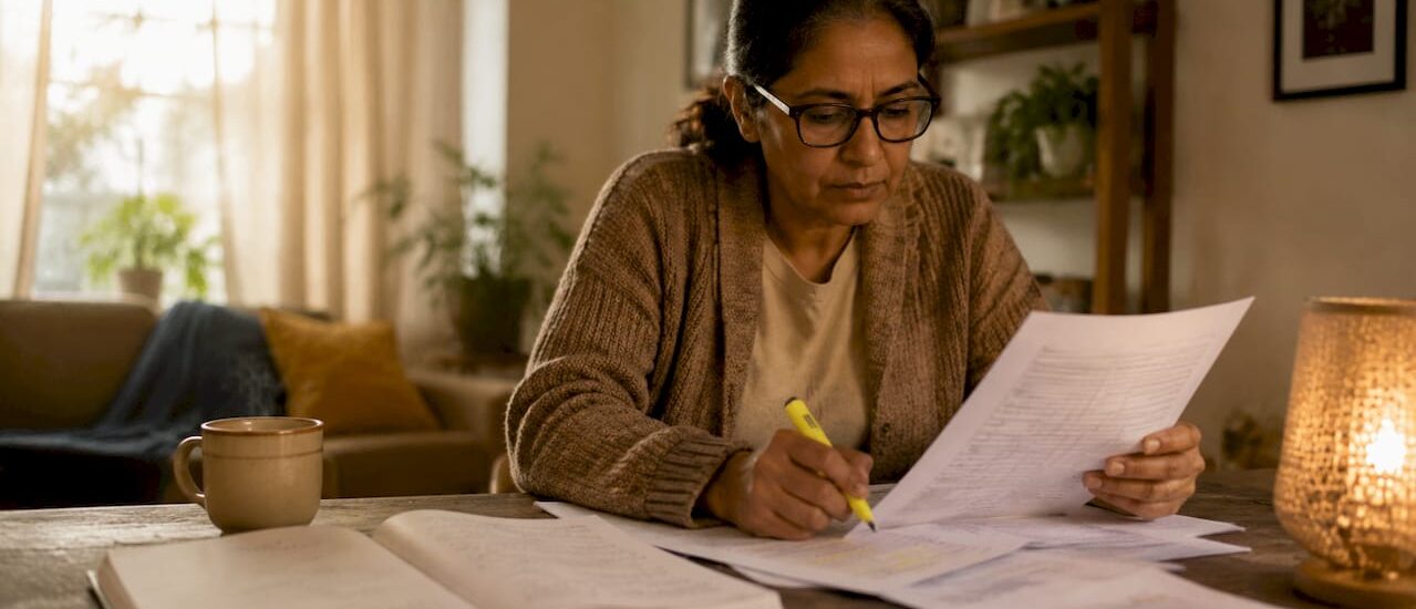 Woman comparing removalist quotes at kitchen table