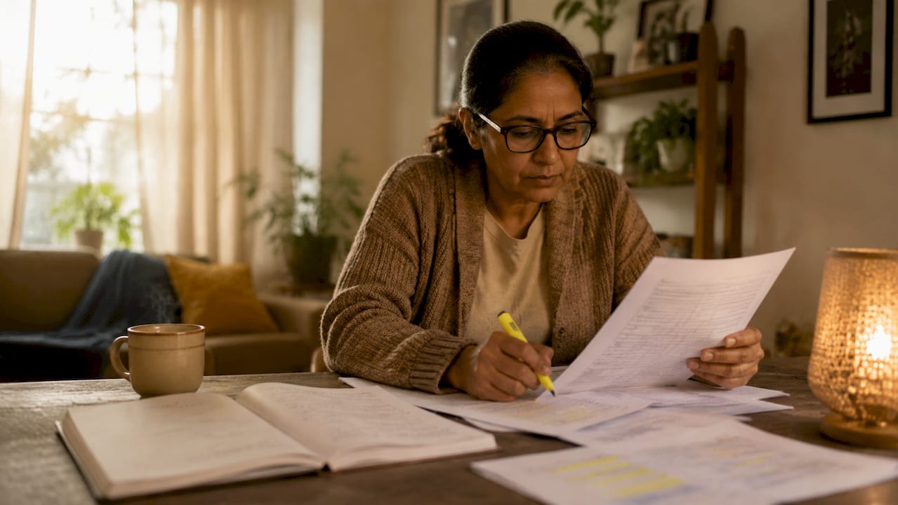 Woman comparing removalist quotes at kitchen table
