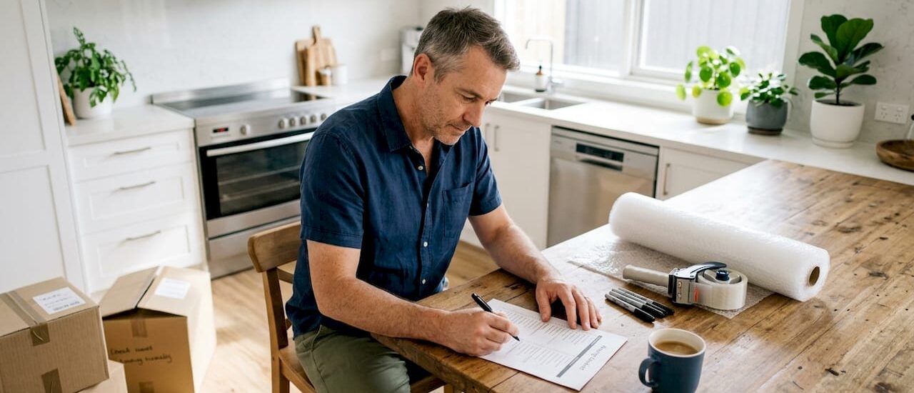 Man reviewing moving checklist at home