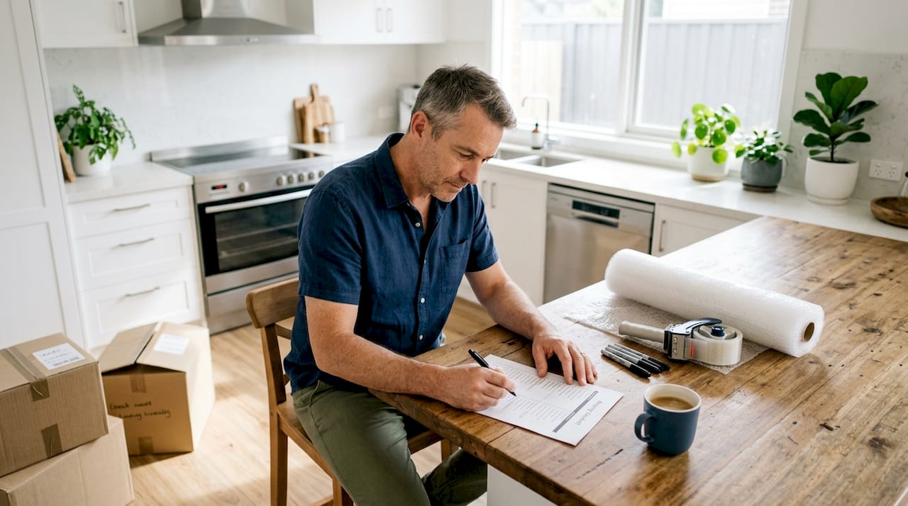 Man reviewing moving checklist at home