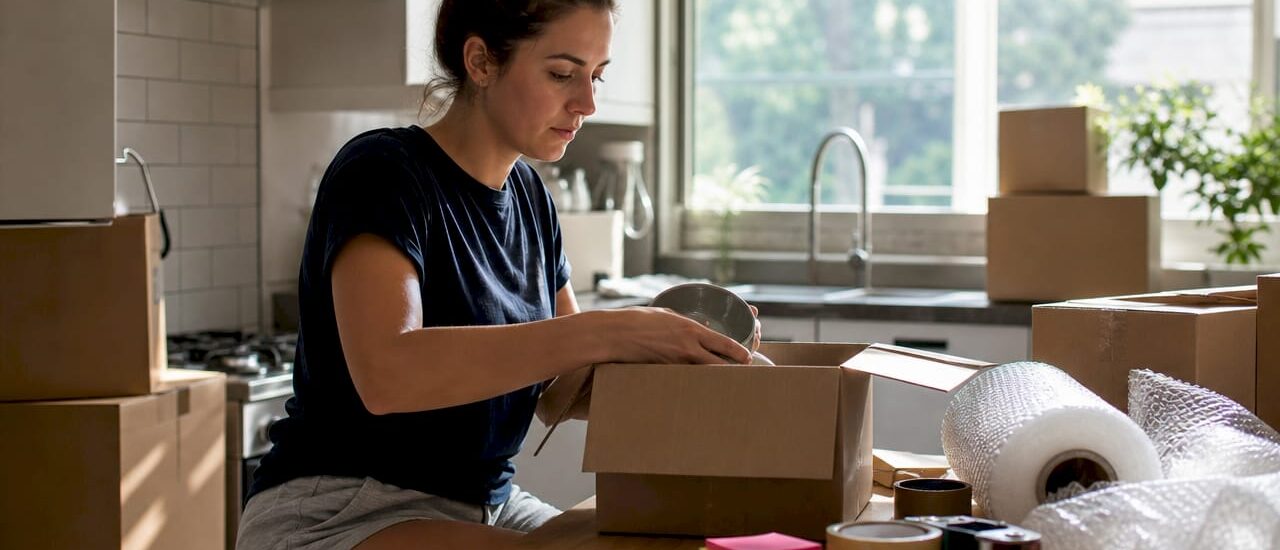 Woman packing moving boxes at home