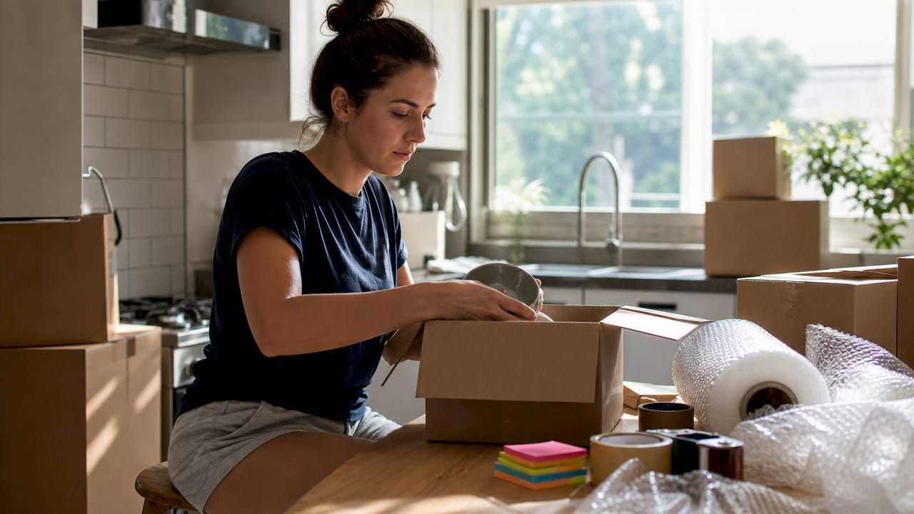 Woman packing moving boxes at home