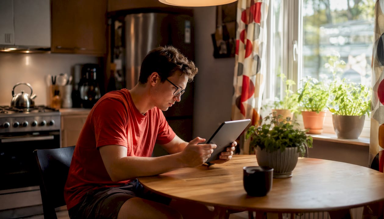 Young man reading moving company reviews at home desk