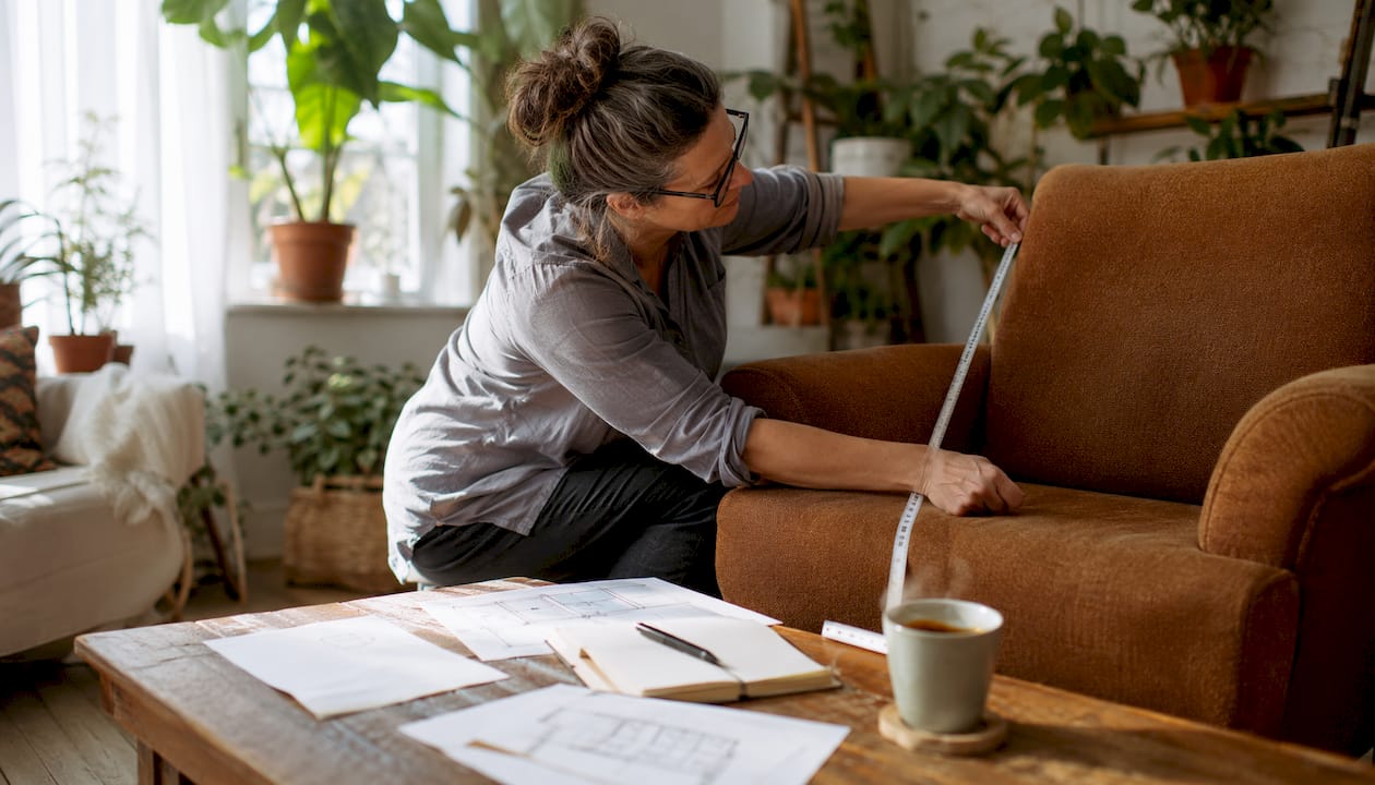 Woman measuring chair before booking movers