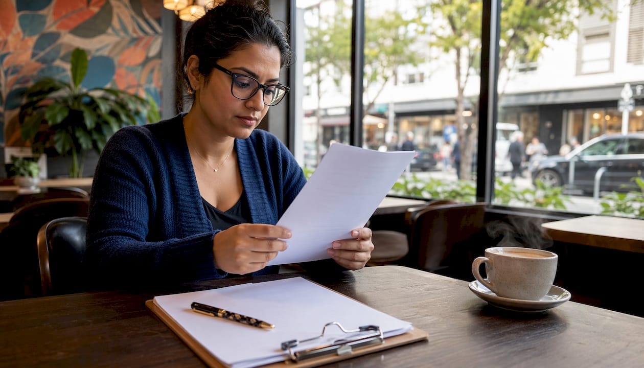 Woman reading strata by-laws in apartment