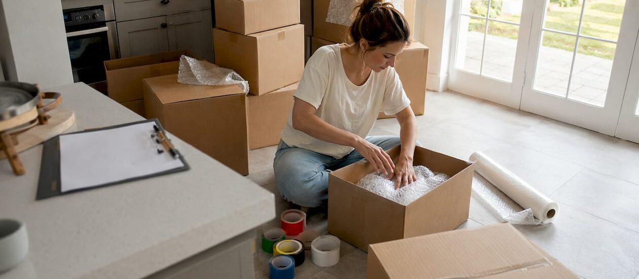 Renter packing labeled boxes for move-out