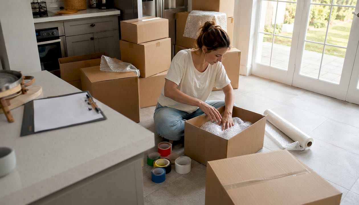 Renter packing labeled boxes for move-out