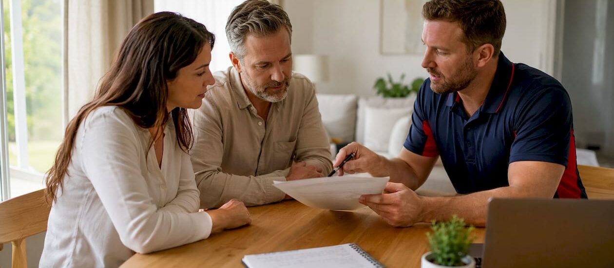 Couple reviewing fixed price moving contract