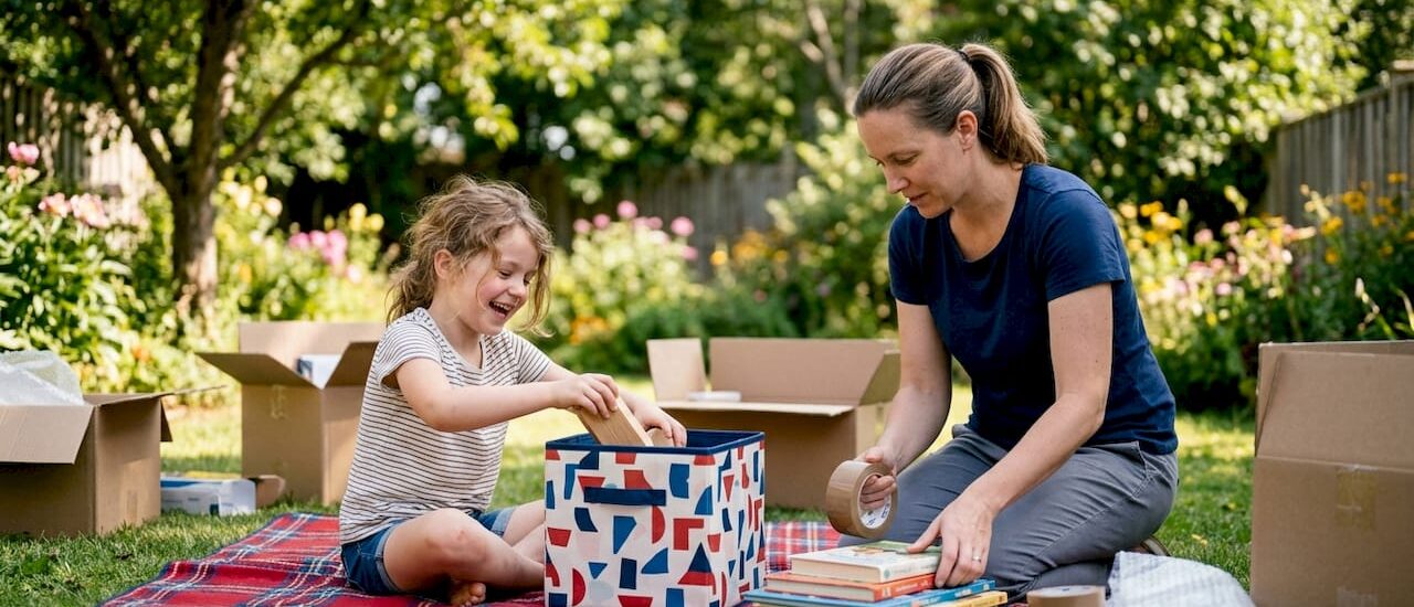 Child packing toys with mother in living room