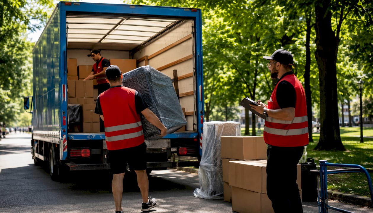 Removalists loading truck midweek suburban move