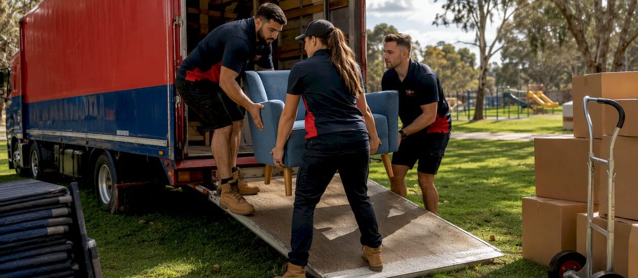 Removal team loading moving truck outdoors in Melbourne