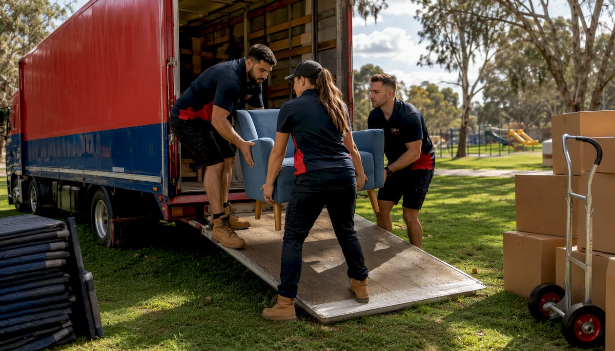 Removal team loading moving truck outdoors in Melbourne