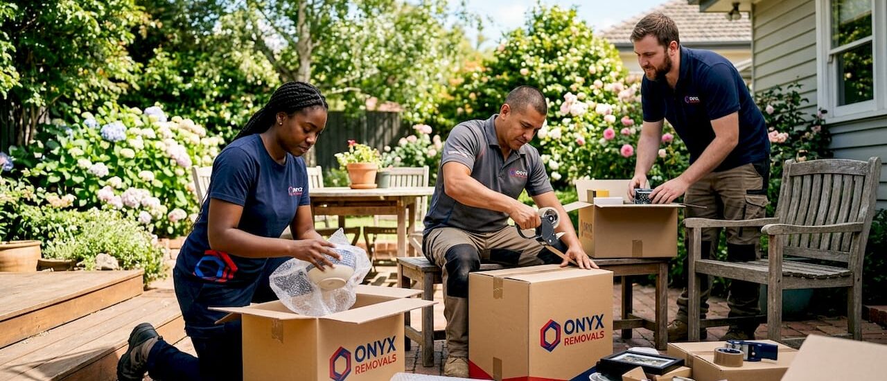 Professional movers packing household items