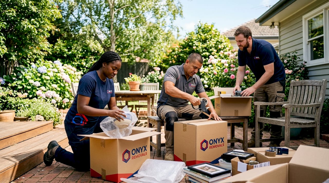 Professional movers packing household items