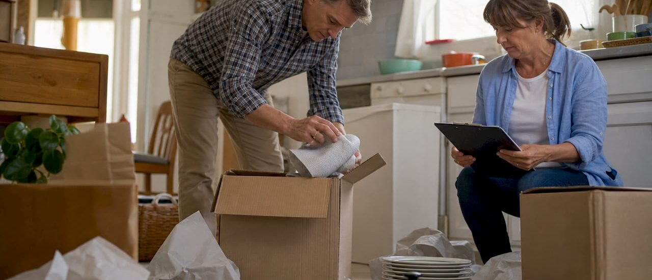 Couple preparing and packing moving boxes in living room