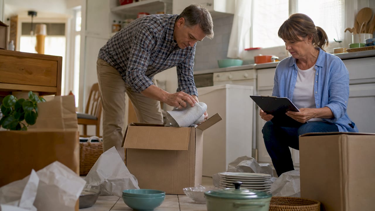 Couple preparing and packing moving boxes in living room