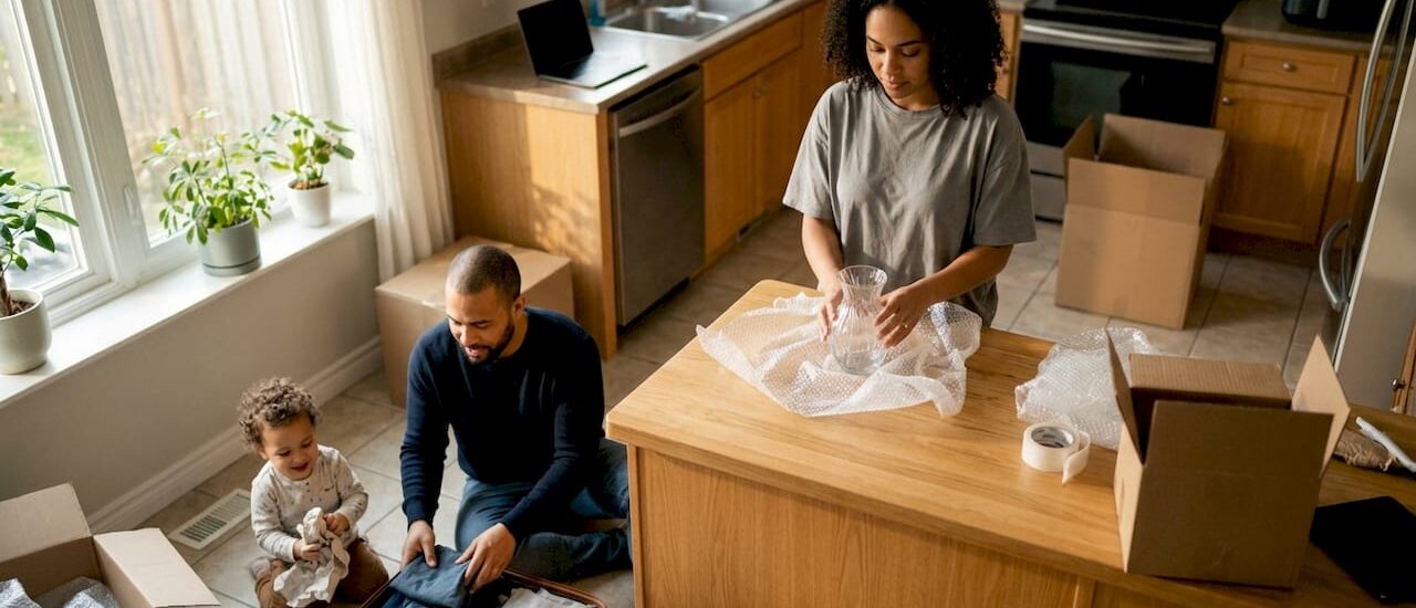 Family packing household items for move