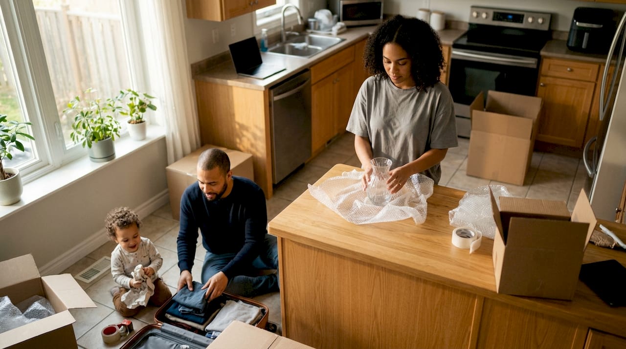 Family packing household items for move