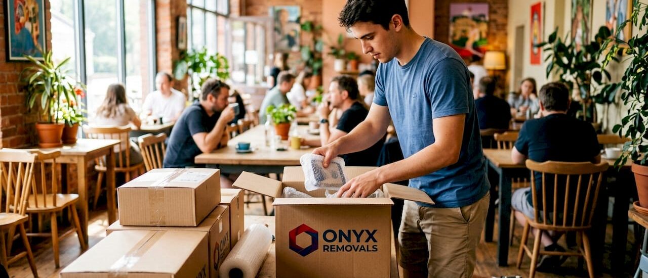 Man packing labeled boxes for shared removal