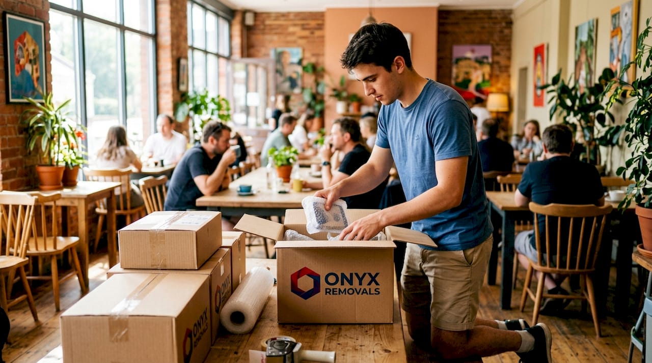 Man packing labeled boxes for shared removal