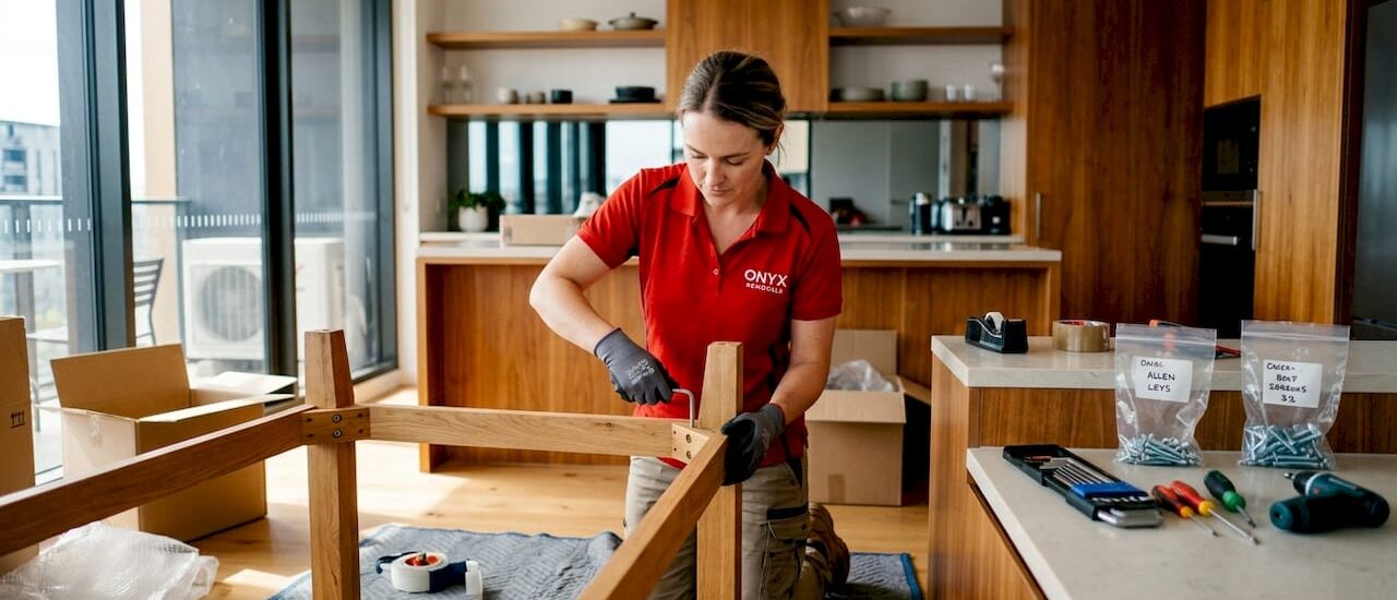 Furniture dismantler working on wooden table indoors
