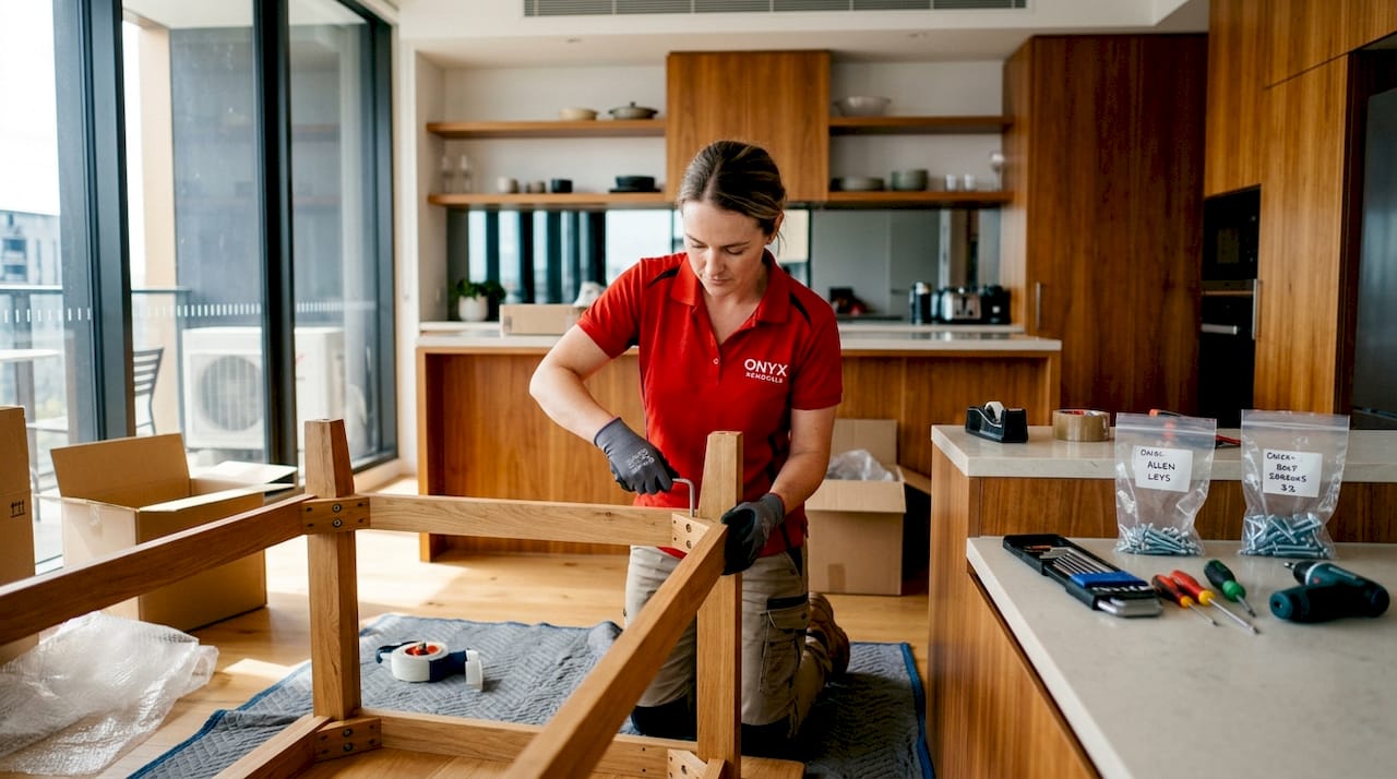 Furniture dismantler working on wooden table indoors