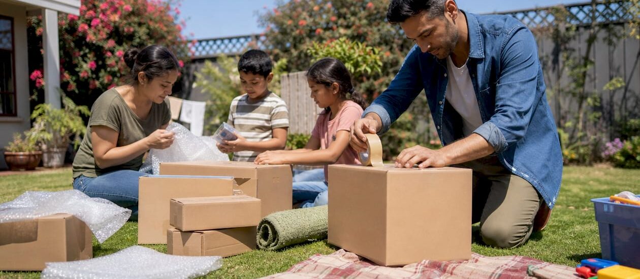Family packing boxes preparing for move
