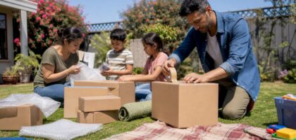 Family packing boxes preparing for move