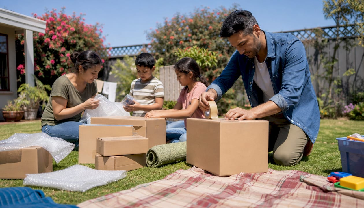 Family packing boxes preparing for move
